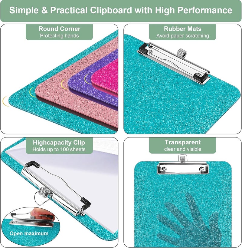 SFLHHDM 1 Pcs Clear Glitter Clipboards, Plastic Clipboard with Pen Holder,Size 8.85 x 12.4 in Shiny Clipboards with Low Profile Clip, Cute Hanging Clipboard for Office School Supplies Sparkly Clip board-Green - Image 3
